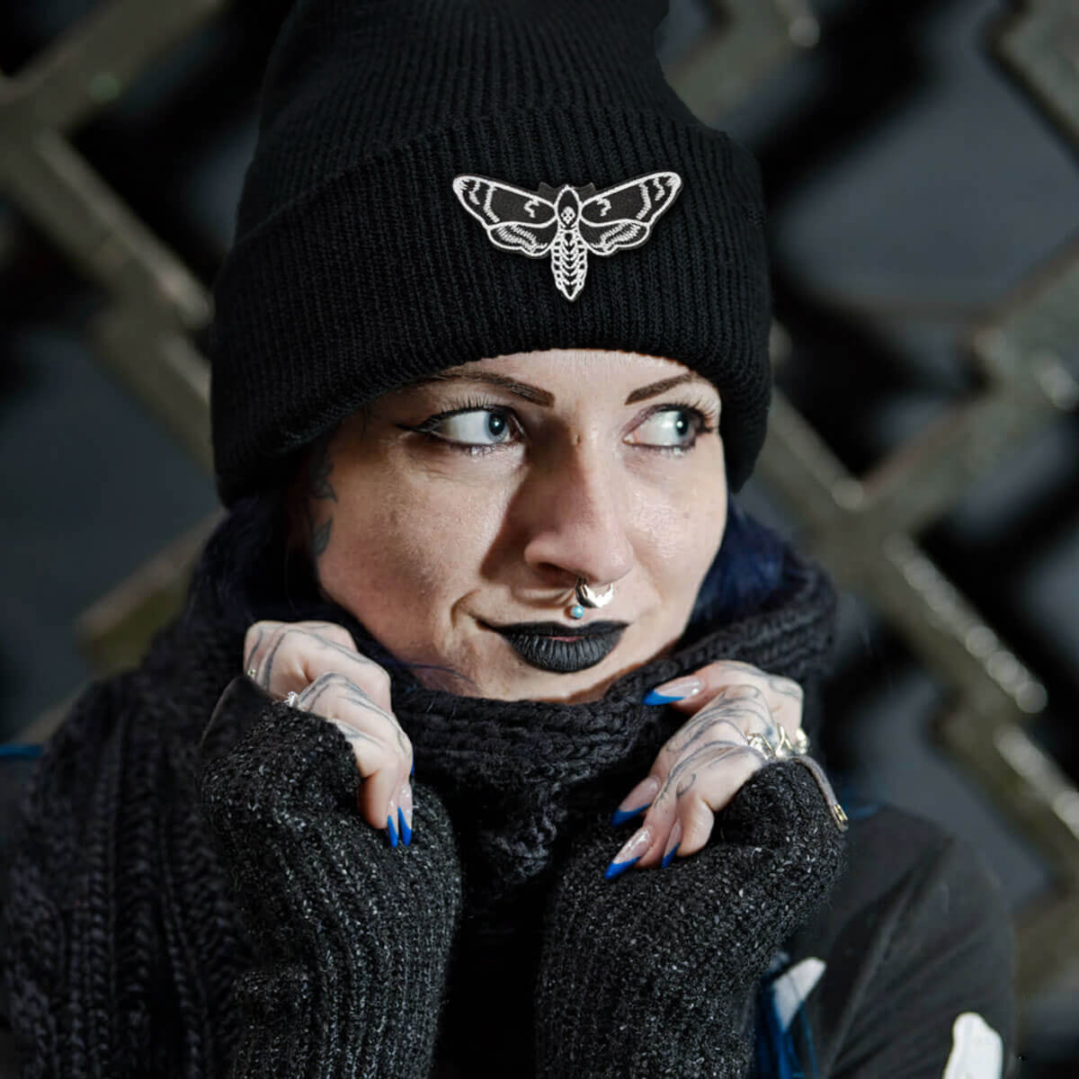 Moth Patch Black Beanie