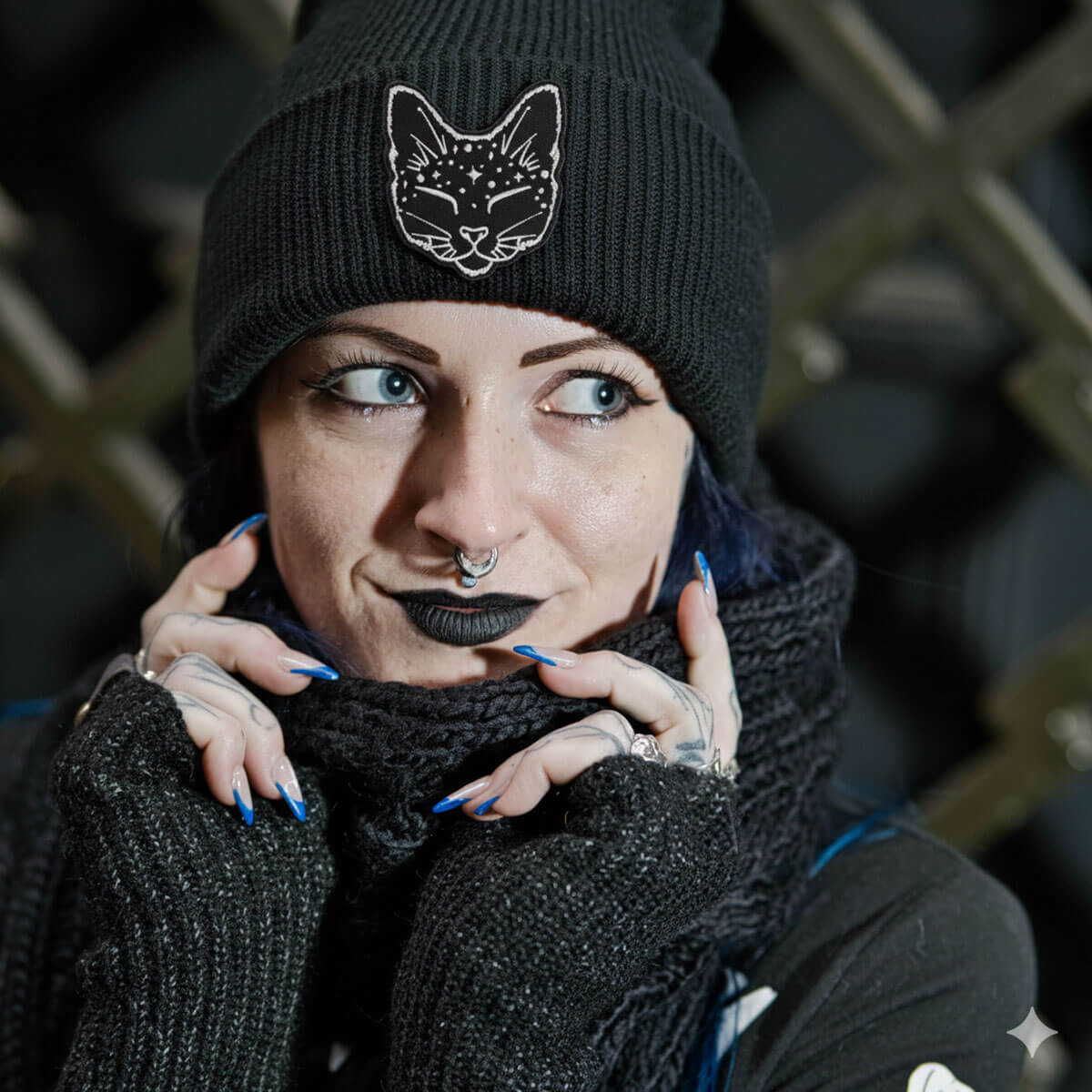 Cosmic Cat Patch Black Beanie