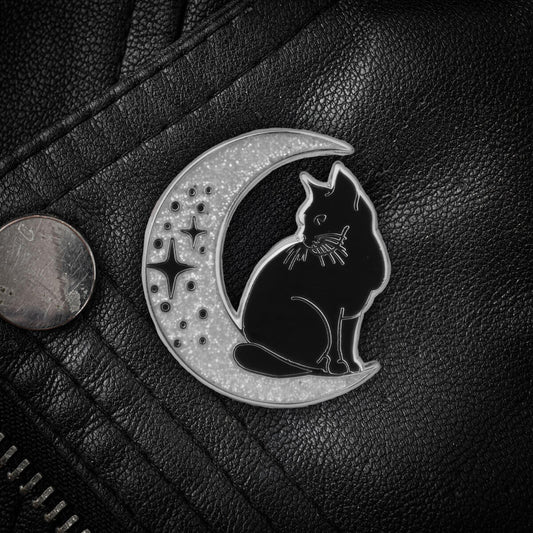 Cat on Glitter Moon Enamel Pin ⛧ Occult Patches & Pins
