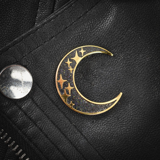 Black and Gold Glitter Moon Enamel Pin | Occult Patches & Pins
