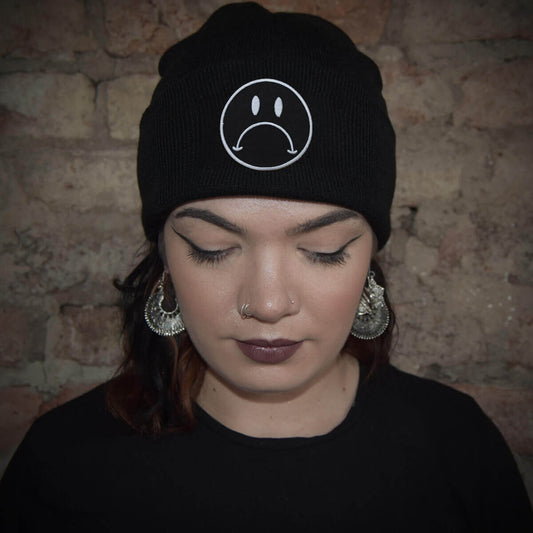 Black & White Sad Face Patch Black Beanie | Occult Patches & Pins