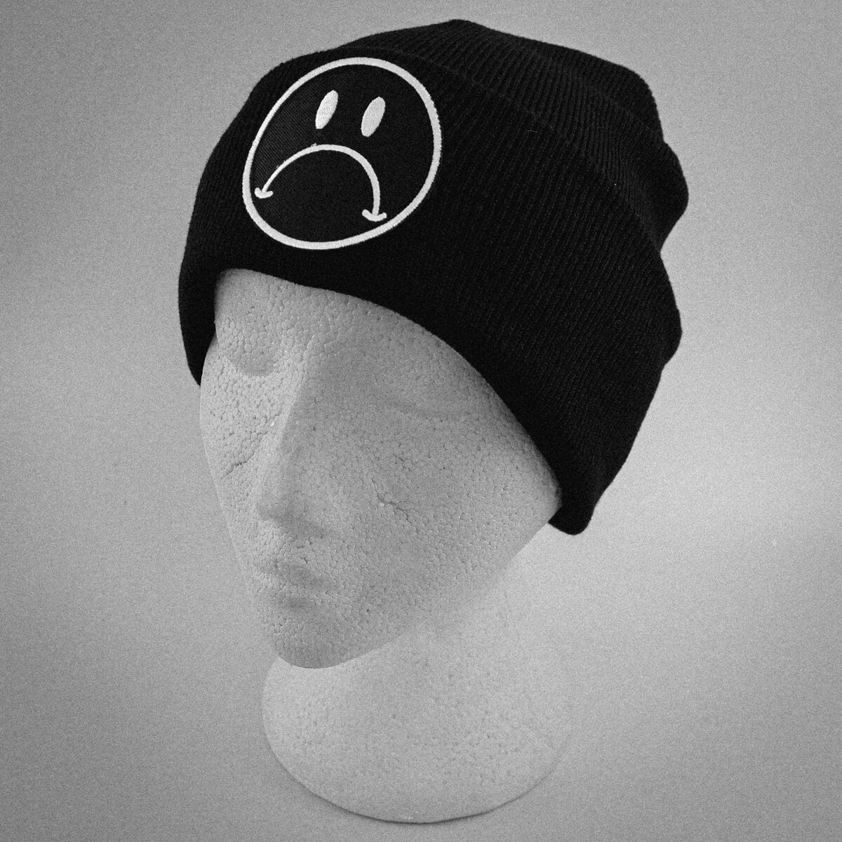 Black & White Sad Face Patch Black Beanie