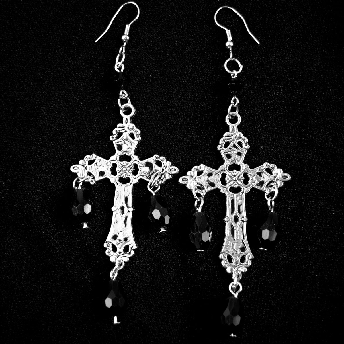 Gothic Cross Black Crystals Earrings | Occult Patches & Pins