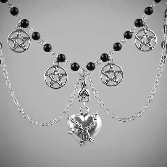 Lock Heart & Pentacles Rosary Choker | Occult Patches & Pins