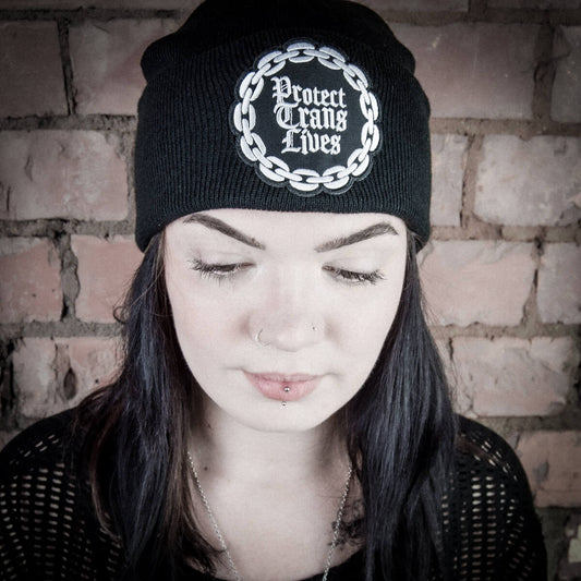 Protect Trans Lives Gothic Black Beanie | Occult Patches & Pins