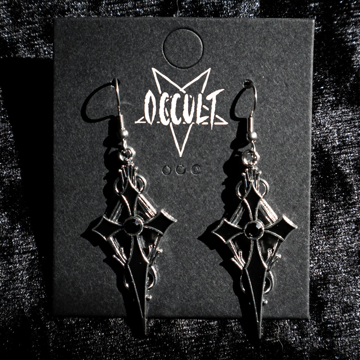 Gothic Cross Black Gem Earrings • Occult Patches & Pins