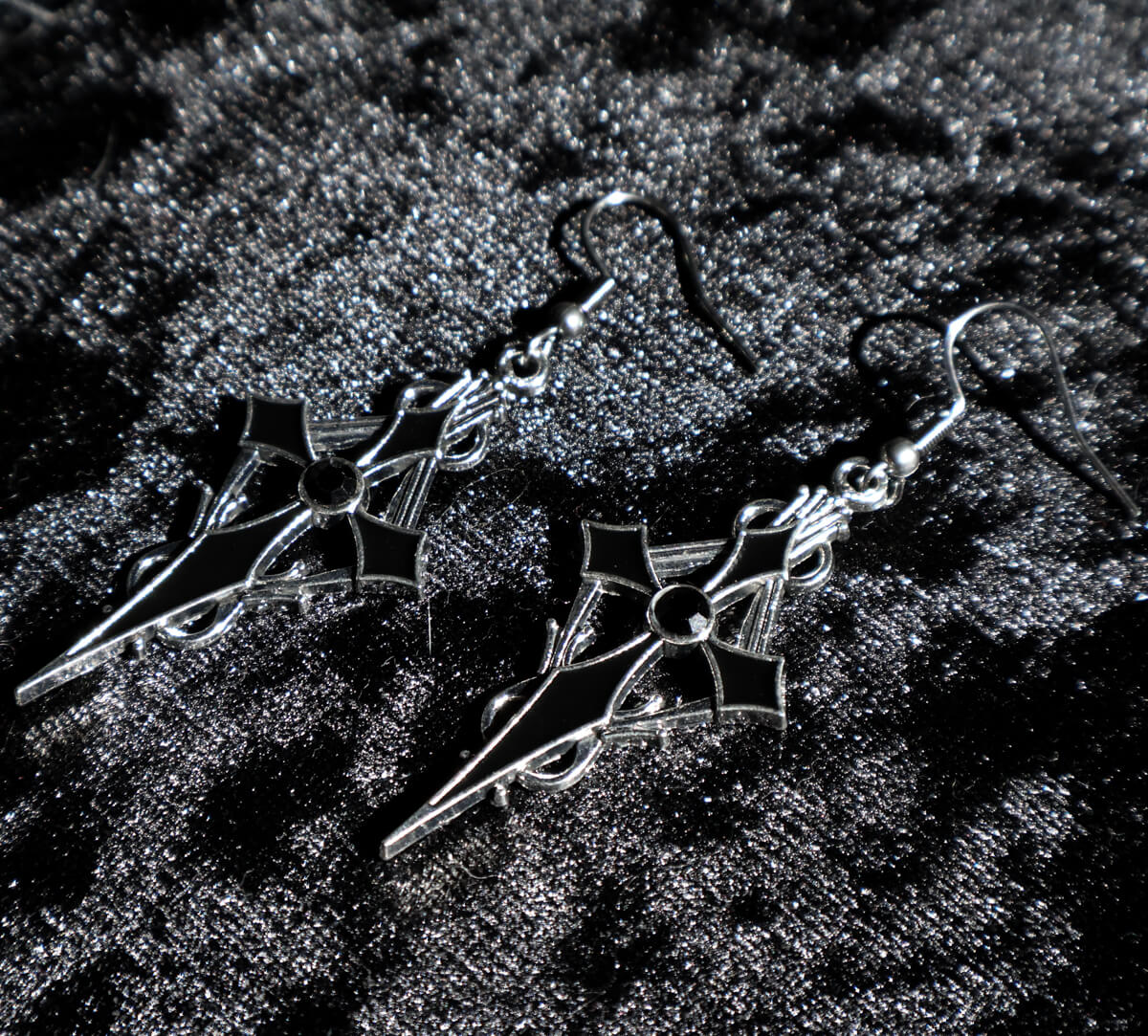 Gothic Cross Black Gem Earrings • Occult Patches & Pins
