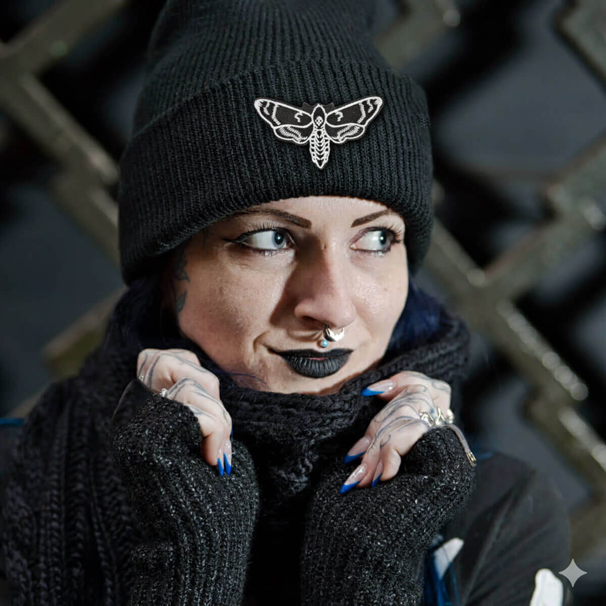Moth Patch Black Beanie