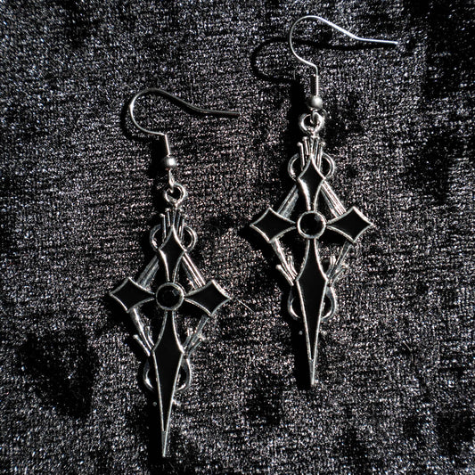 Gothic Cross Black Gem Earrings • Occult Patches & Pins
