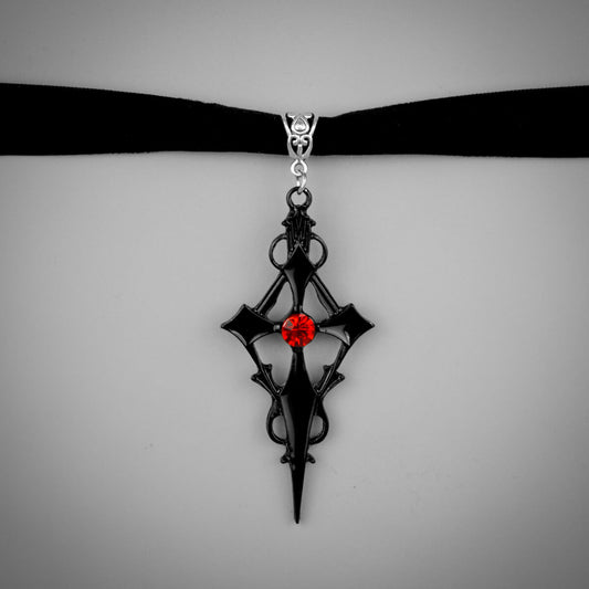 Black Cross Red Stone Choker | Occult Patches & Pins
