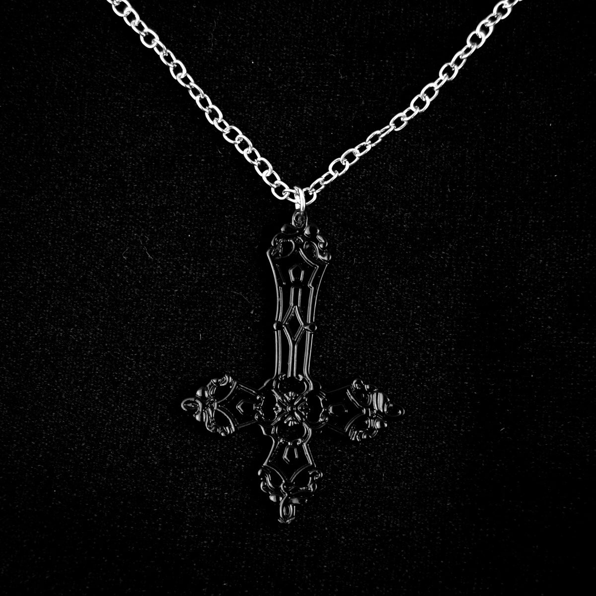 Black Inverted Cross on Silver Chain Necklace | Occult Patches & Pins