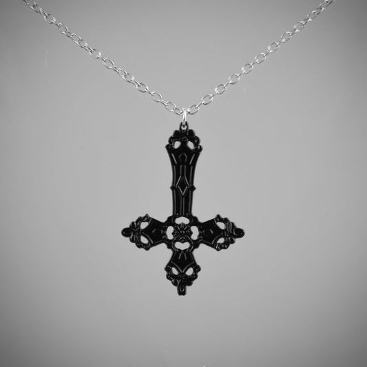 Black Inverted Cross on Silver Chain Necklace | Occult Patches & Pins