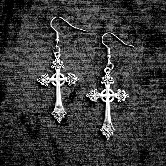 Silver Gothic Cross Earrings | Occult Patches & Pins