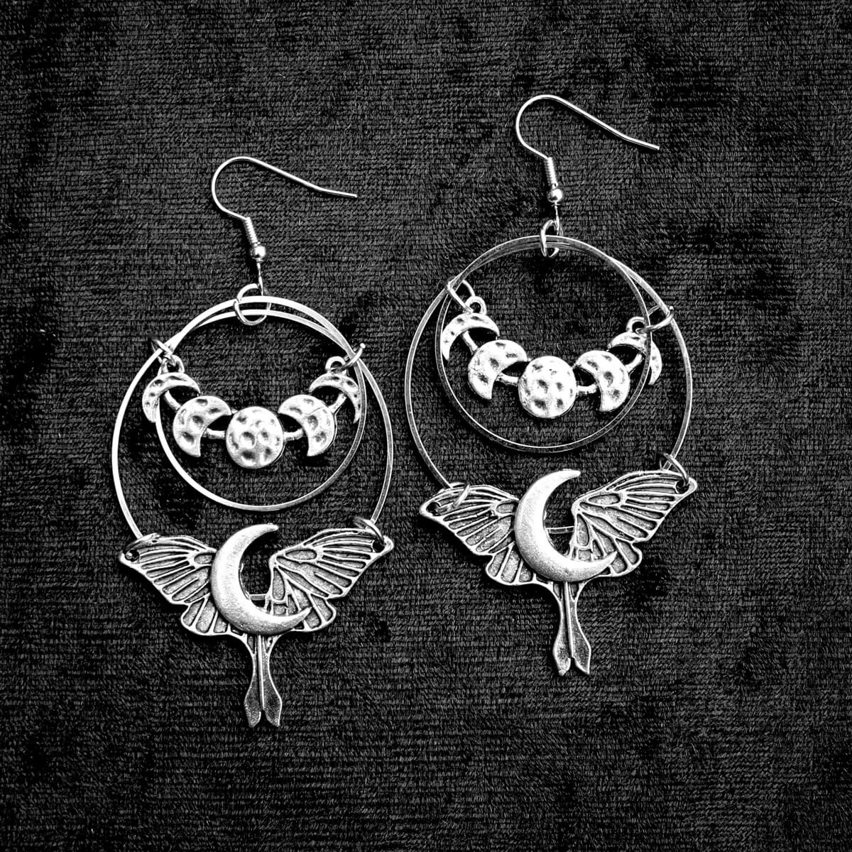 Crescent Moth & Moonphase Earrings | Occult Patches & Pins