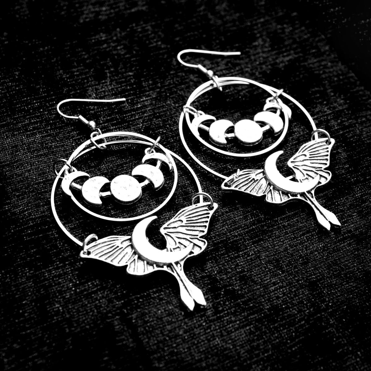 Crescent Moth & Moonphase Earrings | Occult Patches & Pins