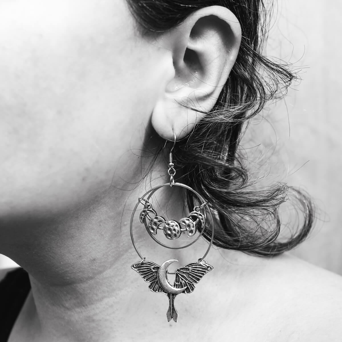 Crescent Moth & Moonphase Earrings | Occult Patches & Pins