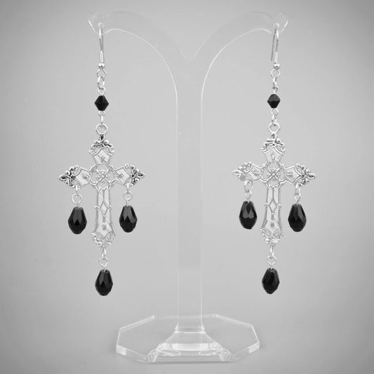  Gothic Cross Black Crystals Earrings | Occult Patches & Pins