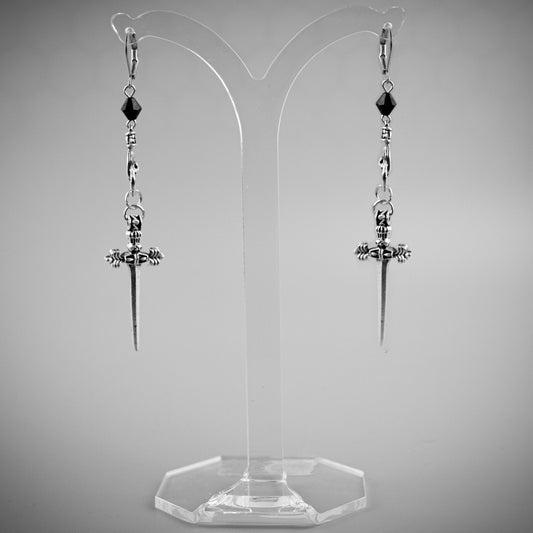 Hand & Dagger Black Crystal Earrings