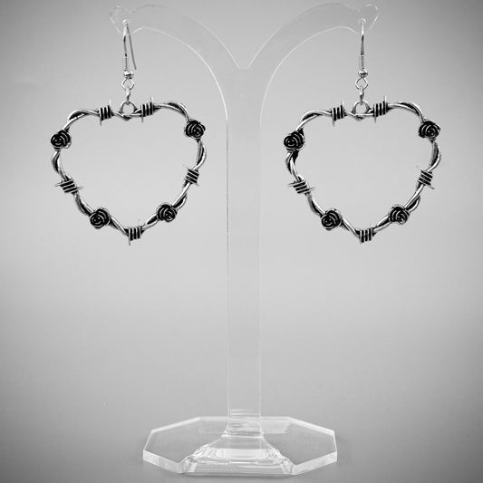 Large Barbed Wire Heart With Roses Earrings | Occult Patches & Pins