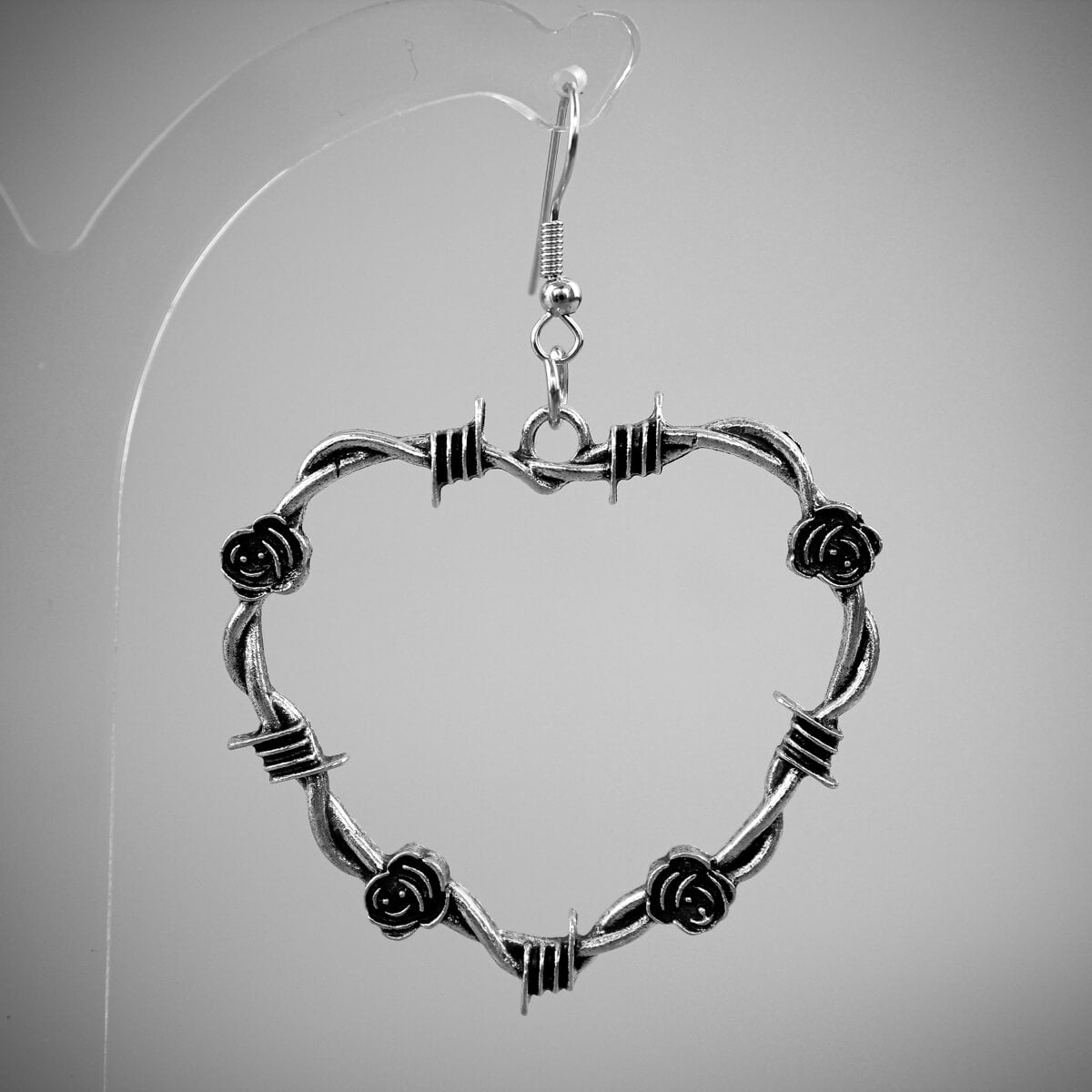 Large Barbed Wire Heart With Roses Earrings | Occult Patches & Pins