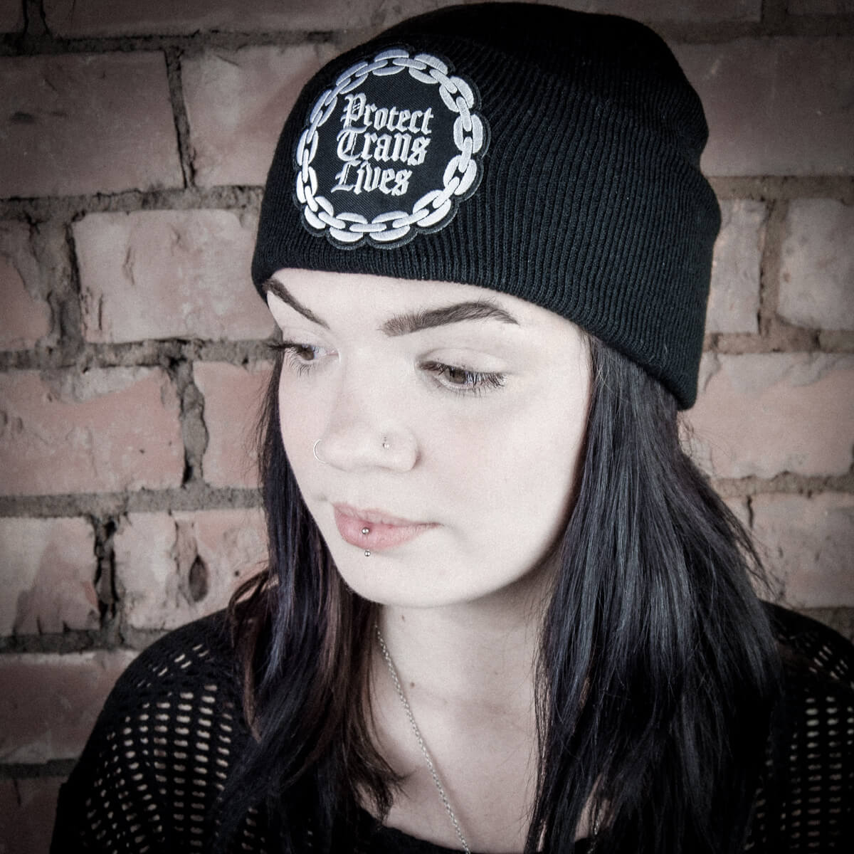 Protect Trans Lives Gothic Black Beanie | Occult Patches & Pins