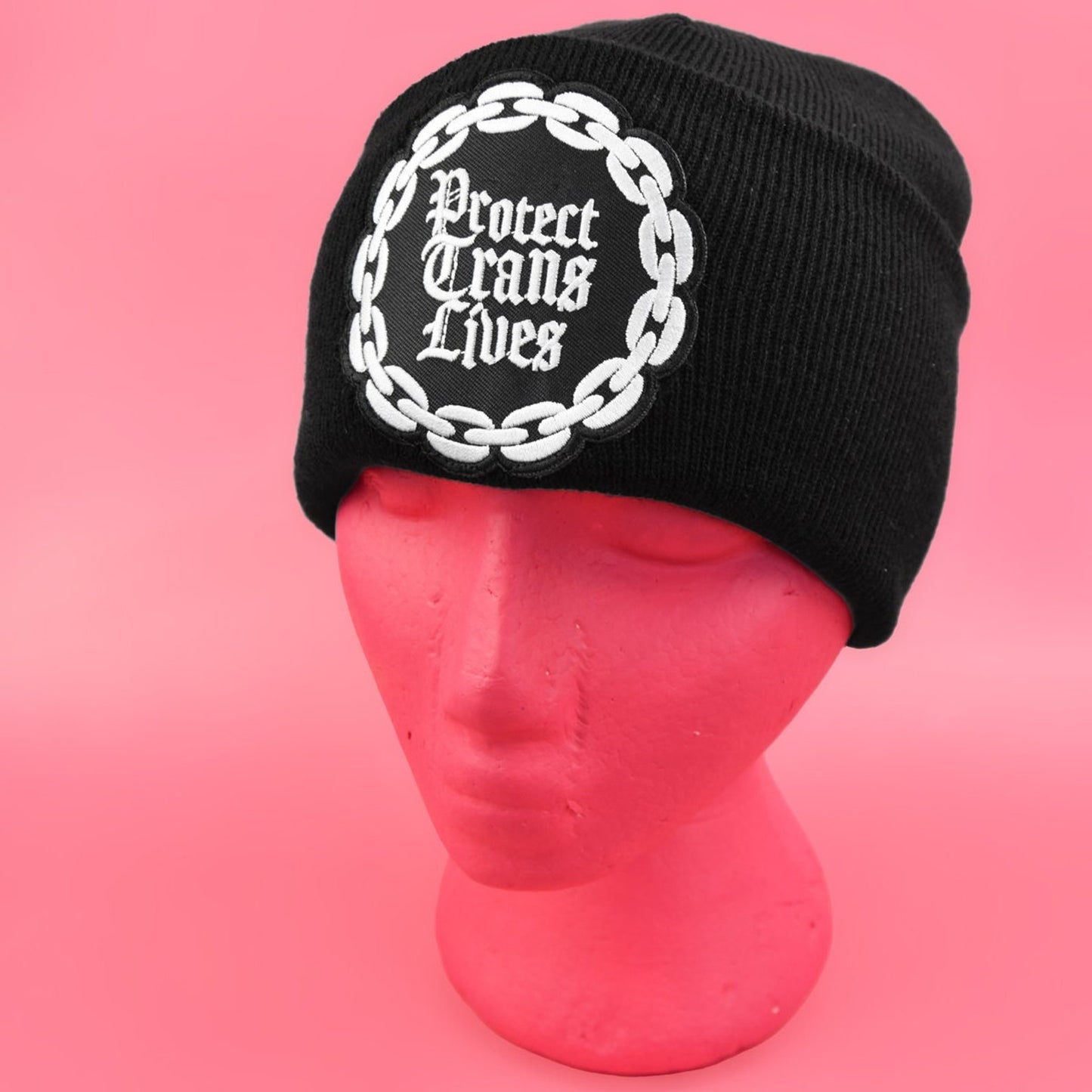 Protect Trans Lives Gothic Black Beanie | Occult Patches & Pins